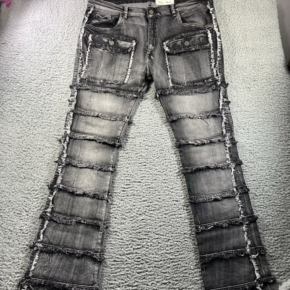FWRD Denim New York Fit 2 Stacked Cargo Jeans Mens 40x36 Washed Black Frayed